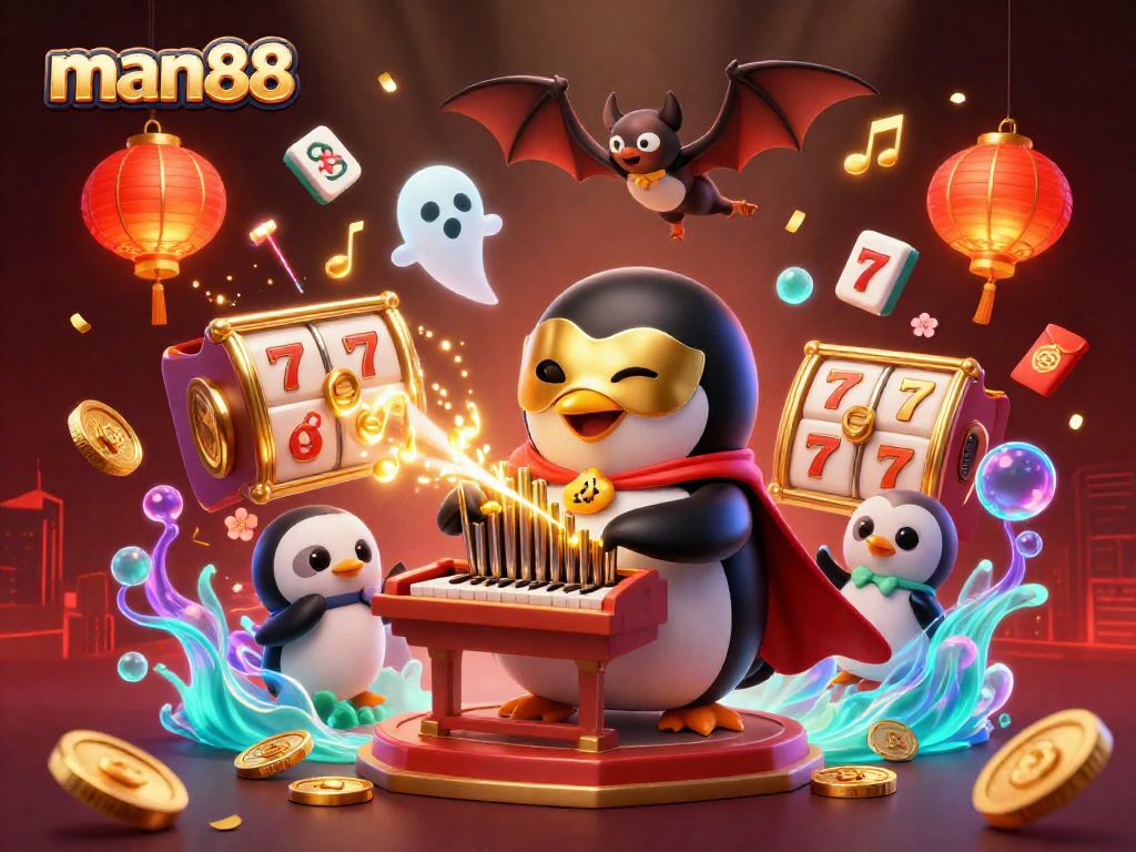Experience thrilling action at man88 with a vibrant casino-themed 3D illustration of games and characters.