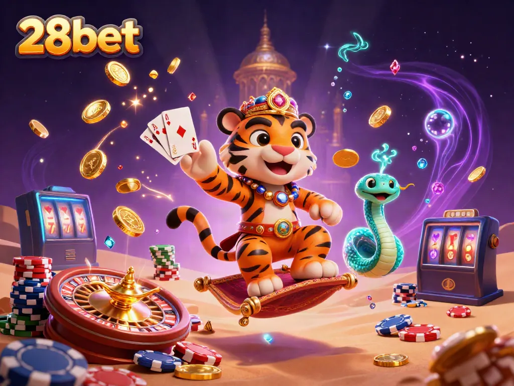 Experience the vibrant magic of 28bet with a radiant 3D casino-themed scene of a tiger sultan and treasures.