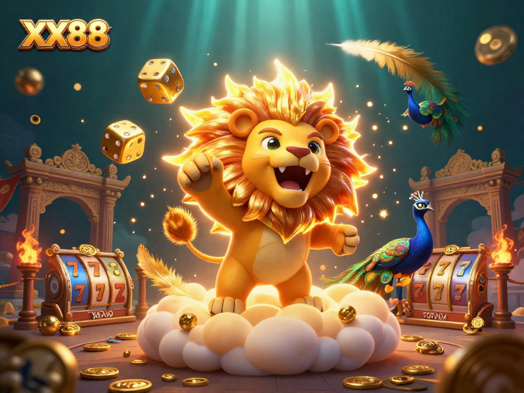 Experience the thrills of XX88 in this vibrant 3D casino illustration showcasing slot reels and golden dice.