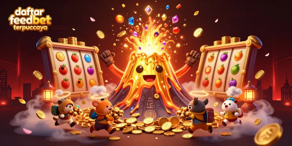 Experience thrilling gameplay in daftar feedbet terpercaya with a vibrant 3D volcano erupting coins and treasures in an energetic casino setting.