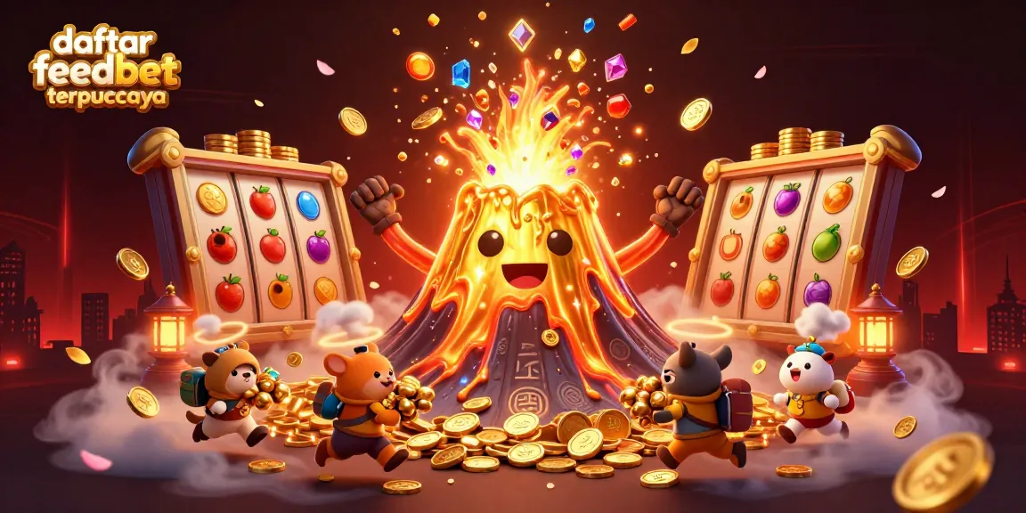 Experience thrilling gameplay in daftar feedbet terpercaya with a vibrant 3D volcano erupting coins and treasures in an energetic casino setting.