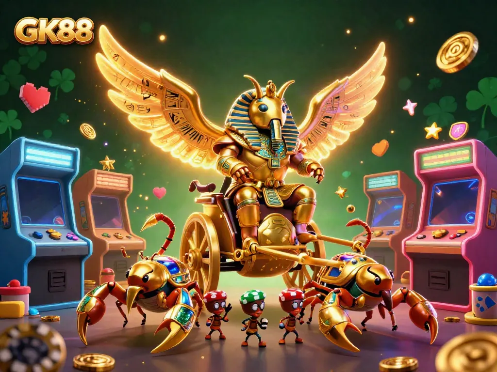 Engage in exciting GK88 casino adventures with a vibrant 3D illustration of a golden scarab beetle.