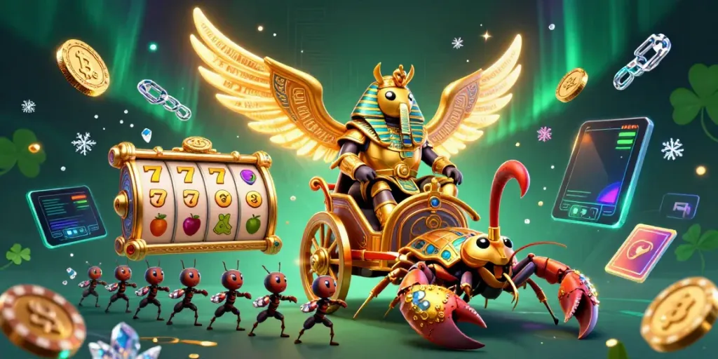 Engage with 8s in a thrilling casino scene featuring a golden scarab and dynamic slot elements.