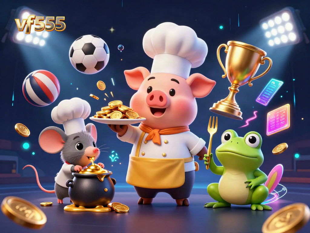 Join the fun with vf555 as the gourmet chef pig serves golden coins, blending casino excitement with vibrant character design.