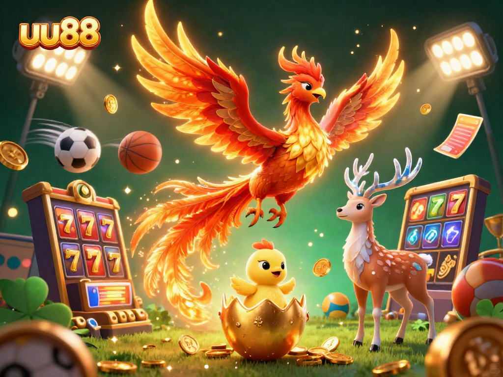 Experience thrilling gameplay at uu88 with a phoenix and stag amidst vibrant casino elements.