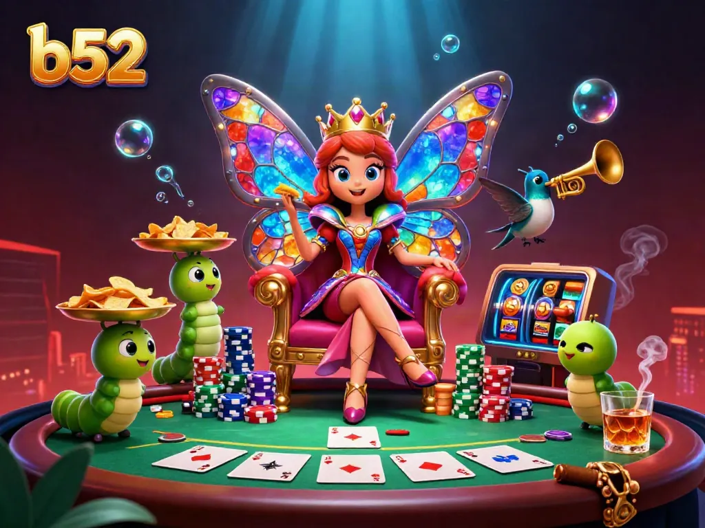 Experience the excitement of B52 gaming with a dazzling 3D butterfly queen surrounded by vibrant poker elements.