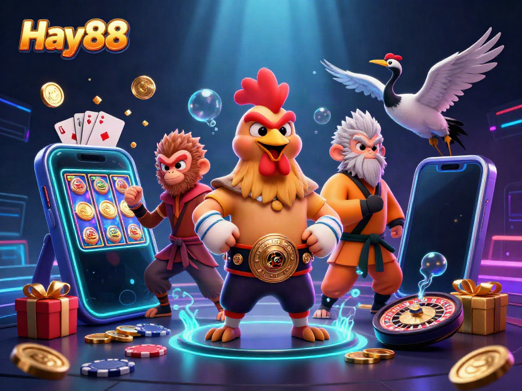 Join the excitement at Hay88 with a vibrant casino scene featuring unique characters and interactive game elements.