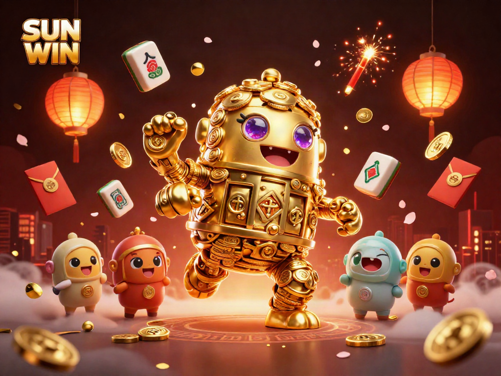 SUN WIN casino scene illustrating an ancient golden golem amid vibrant gaming symbols and festive lanterns.