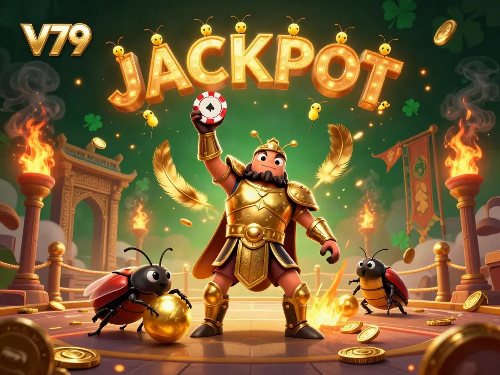 Engaging V79 casino illustration featuring a victorious beetle in armor and golden elements attracting gamblers.