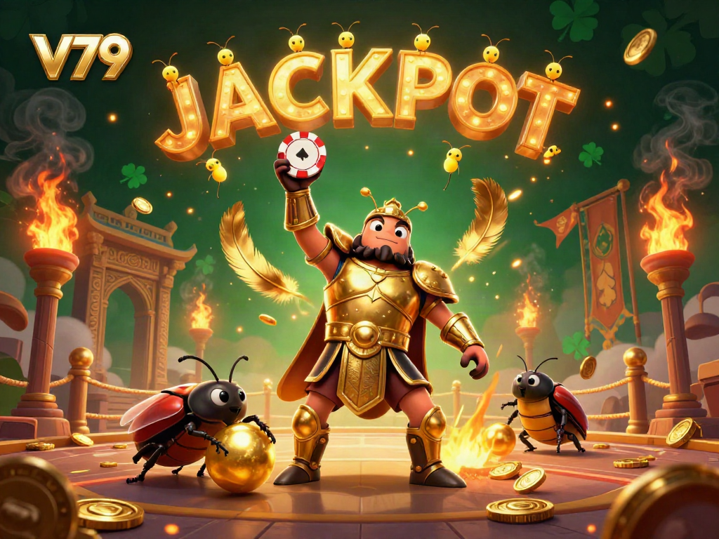 Engaging V79 casino illustration featuring a victorious beetle in armor and golden elements attracting gamblers.