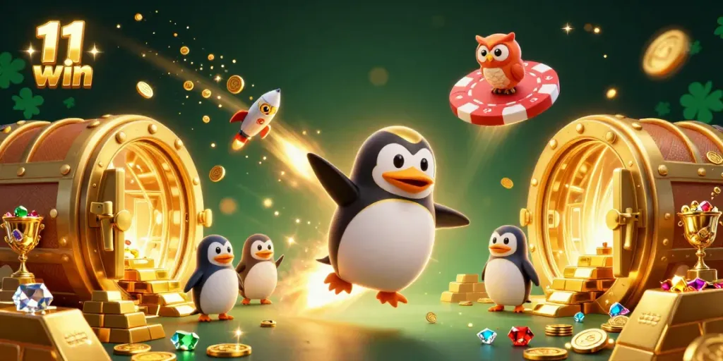 Experience thrilling gameplay with 11 win, featuring dynamic casino elements and a penguin space adventure.