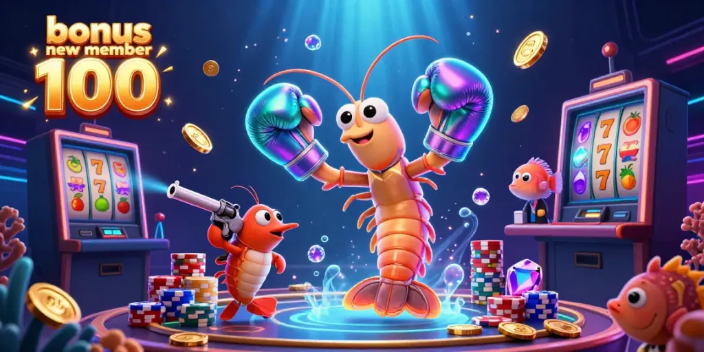 Engaging scene showcasing the bonus new member 100 promotion with vibrant colors, casino elements, and cartoon characters.