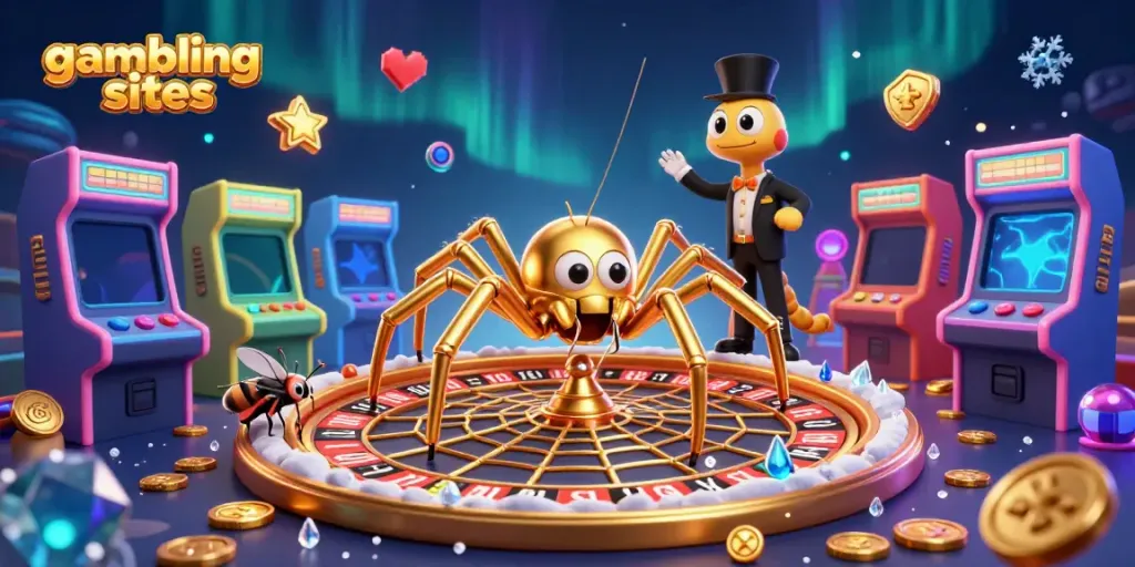 Engaging scene of a golden spider and a centipede croupier on gaming sites with colorful gambling elements.