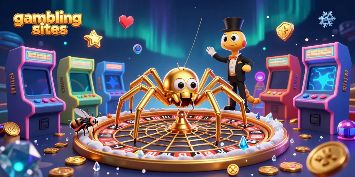 Engaging scene of a golden spider and a centipede croupier on gaming sites with colorful gambling elements.