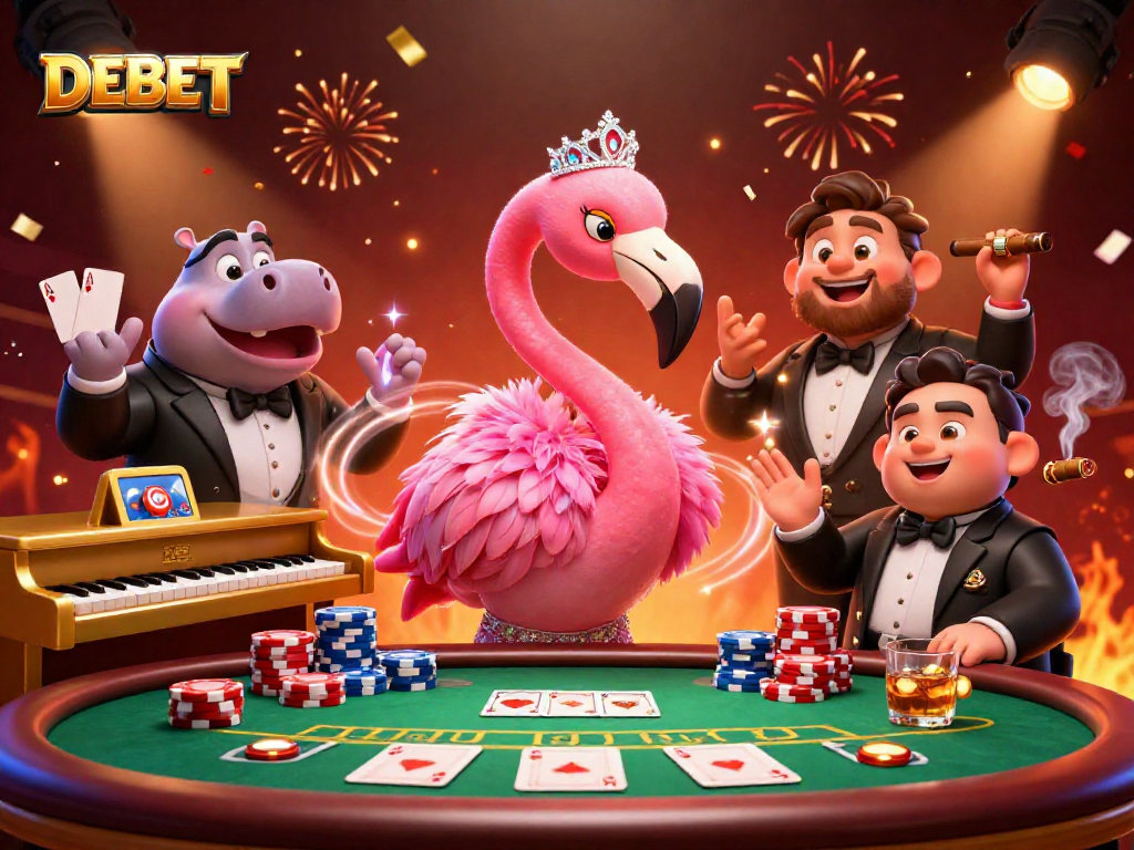 Experience the vibrant casino atmosphere with DEBET's dynamic poker scene featuring colorful chips and lively characters.