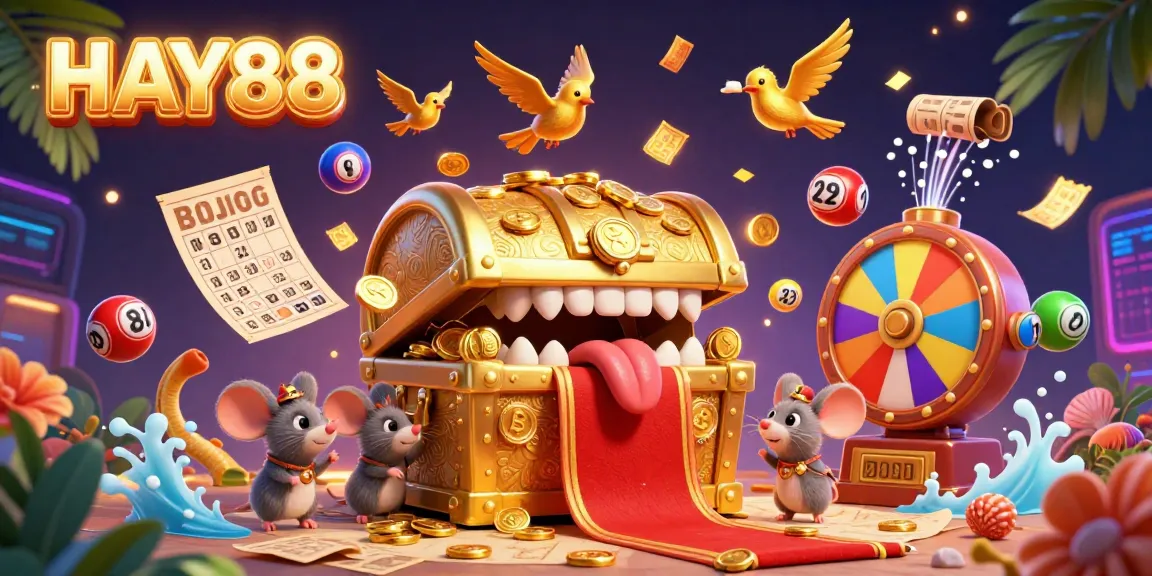 Engage with HAY88's thrilling casino world, showcasing a golden treasure chest cartoon, vibrant lottery elements, and dynamic gaming excitement.