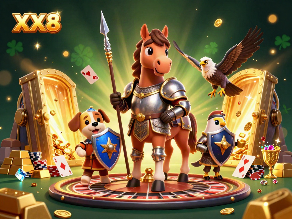 Experience the thrilling atmosphere of XX8 casino with knights, treasures, and gaming action.