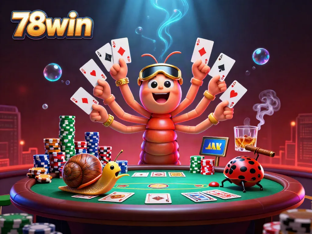 Experience excitement at 78win with a vibrant 3D casino scene full of animated characters and cards.