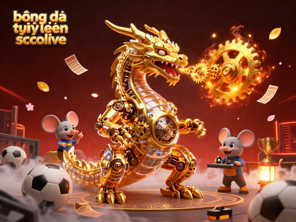 bóng đá trực tuyến socolive showcases a golden dragon and engineer amidst vibrant sports elements.