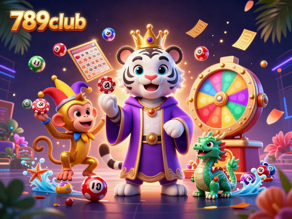 Experience excitement with 789club's vibrant 3D illustration showcasing a royal tiger and a jester monkey.