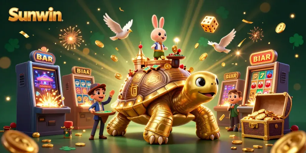 Experience the thrill of Sunwin with a dazzling 3D casino scene featuring a tortoise palace and a rabbit dealer.
