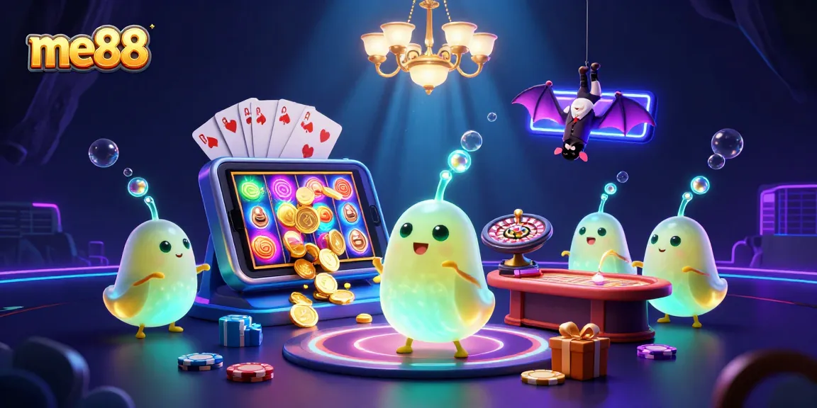 Experience me88 through a vibrant, bioluminescent casino scene with interactive gaming elements.