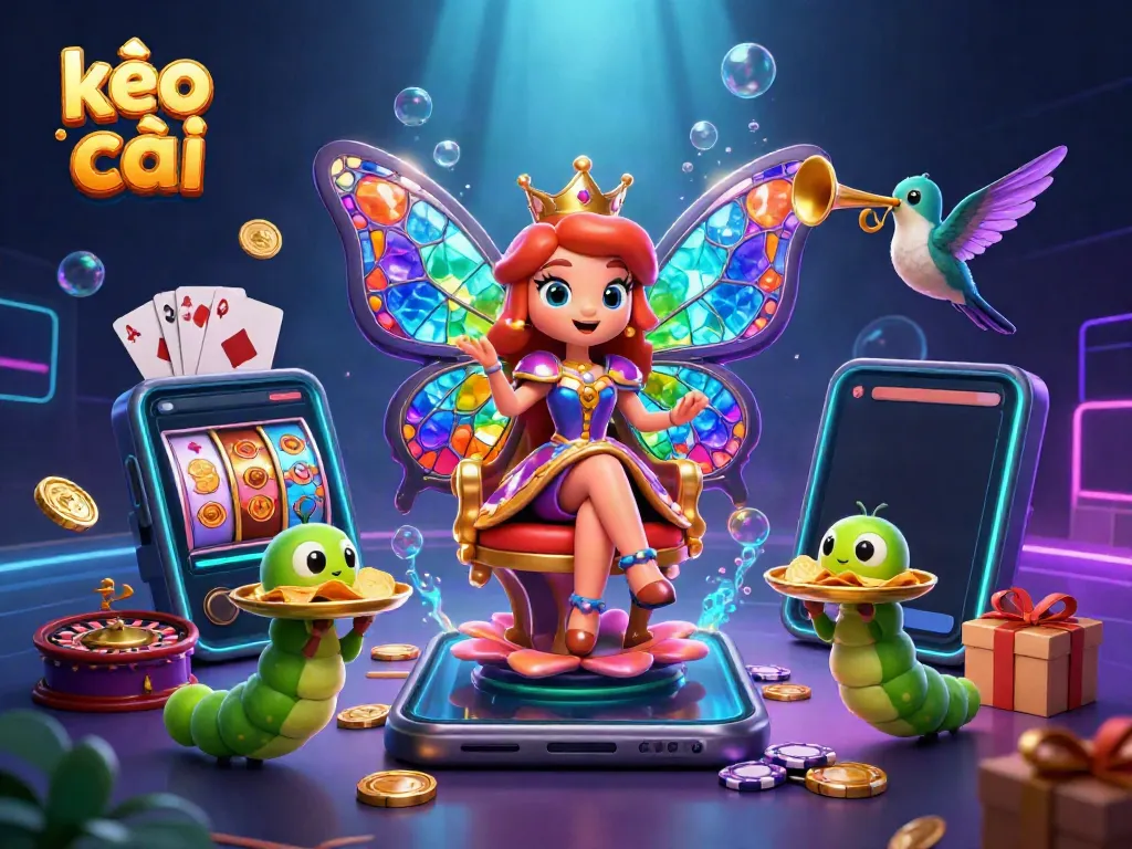 Engage in kèo nhà cái with a lively 3D cartoon illustration showcasing a butterfly queen, gaming elements, and vibrant neon effects.