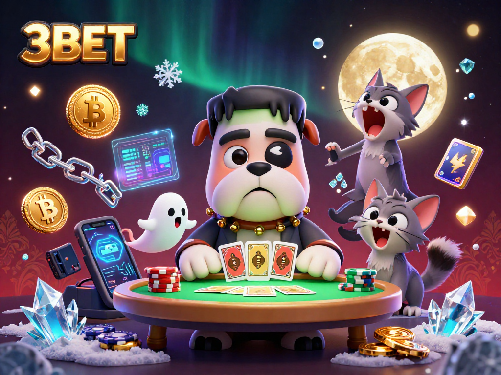 Engage with thrilling gameplay at 3BET featuring a Frankenstein bulldog at a spooky casino table.