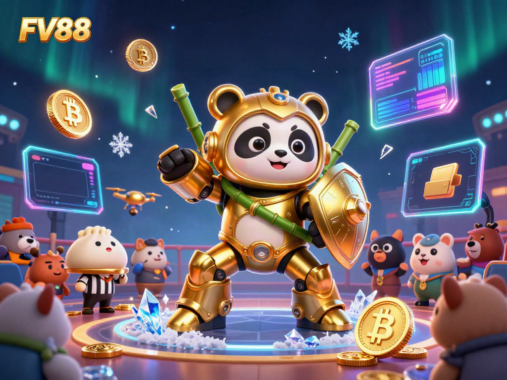 Experience thrilling gameplay with FV88 in a vibrant 3D casino scene featuring a mech-suit panda.