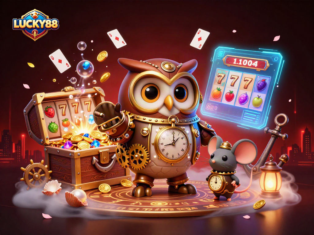 Engage in LUCKY88 excitement with a stunning 3D casino scene featuring a steampunk owl and dynamic game elements.