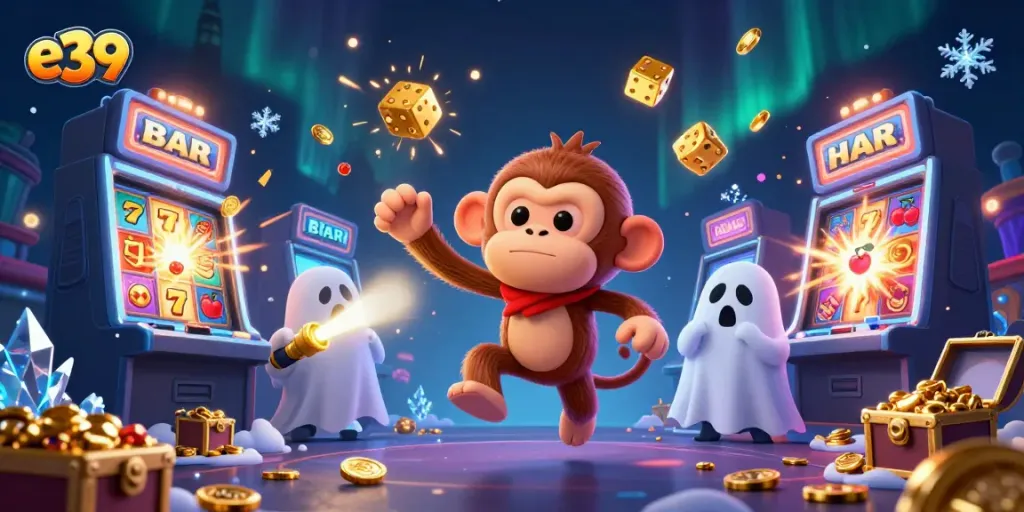 E39 casino scene showcasing a mischievous monkey juggling golden coins in a vibrant haunted casino.