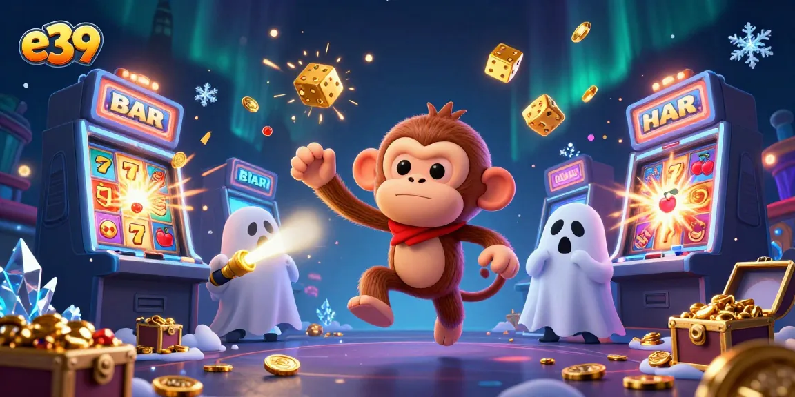 E39 casino scene showcasing a mischievous monkey juggling golden coins in a vibrant haunted casino.