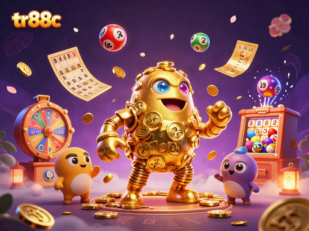 tr88c featuring a golden golem surrounded by colorful bingo elements and vibrant lottery visuals.