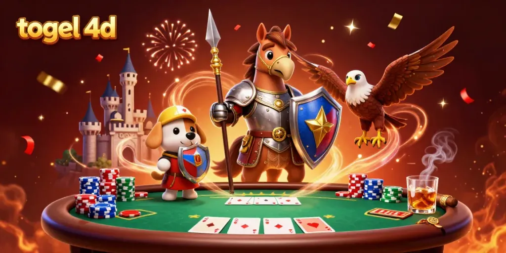 Togel 4D game scene featuring colorful poker elements, medieval knight, and lively atmosphere.