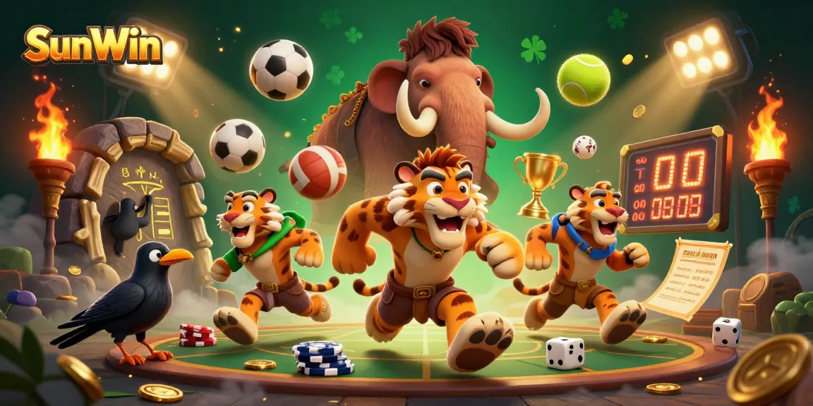Engage with SunWin's dynamic prehistoric casino scene featuring cavemen and sports elements.
