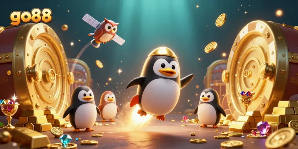 Experience thrilling gaming at go88 with a golden penguin and casino space station in a captivating scene.