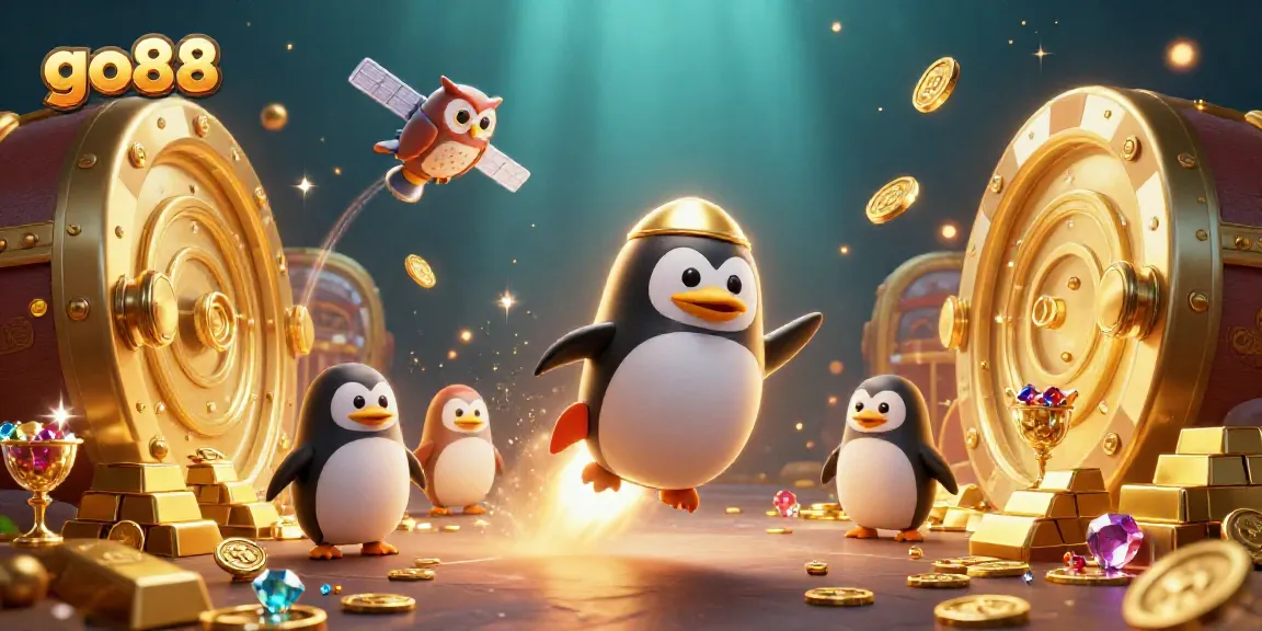 Experience thrilling gaming at go88 with a golden penguin and casino space station in a captivating scene.