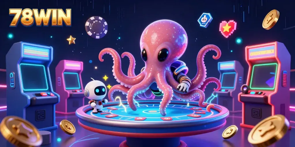 Engage with 78WIN's holographic poker table led by an alien octopus in a vibrant 3D gaming universe.