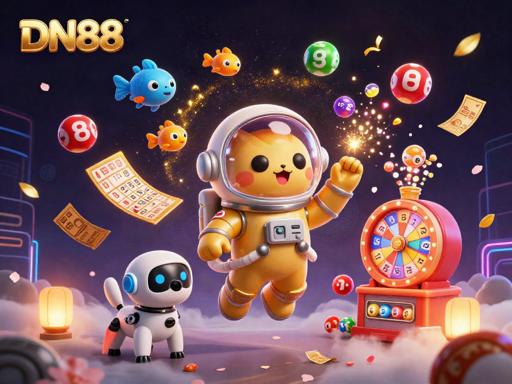 Experience the thrill of DN88 with an engaging 3D illustration featuring vibrant casino elements.