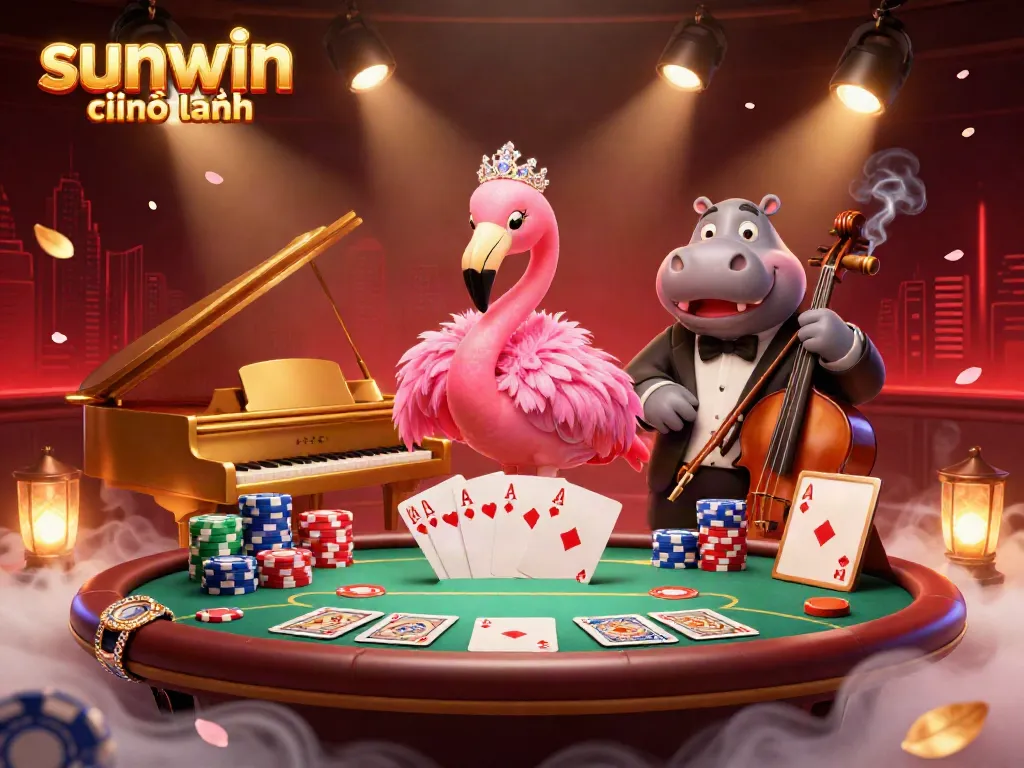 Experience the vibrant casino atmosphere with sunwin chính hãng featuring a flamingo singer and hippo bassist amidst lively poker elements.