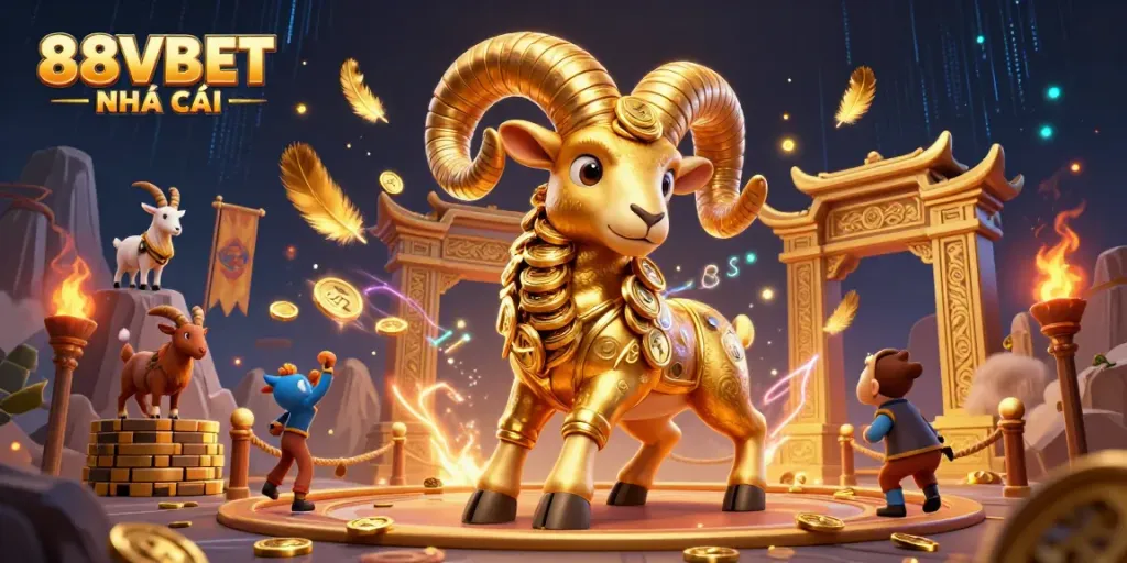 Experience the thrill of 88VBET NHÀ CÁI with a dynamic 3D illustration of a golden ram symbolizing winning potential.