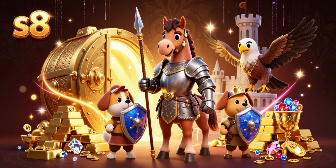 Join the thrilling adventure at s8 with a medieval knight, squire, and falcon amidst gold treasures in a casino setting.