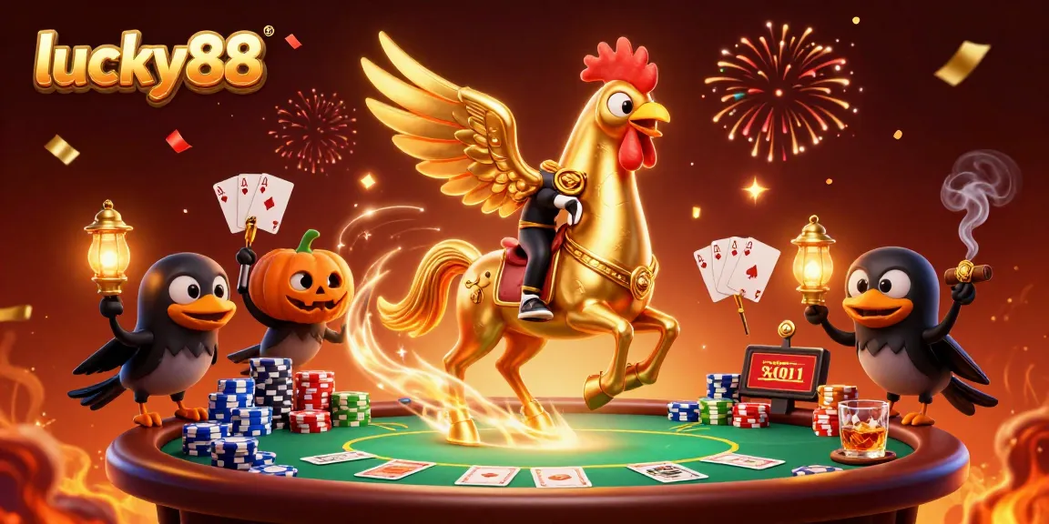 Engage with lucky88's thrilling casino scene showcasing a golden rooster and friends in vibrant action.