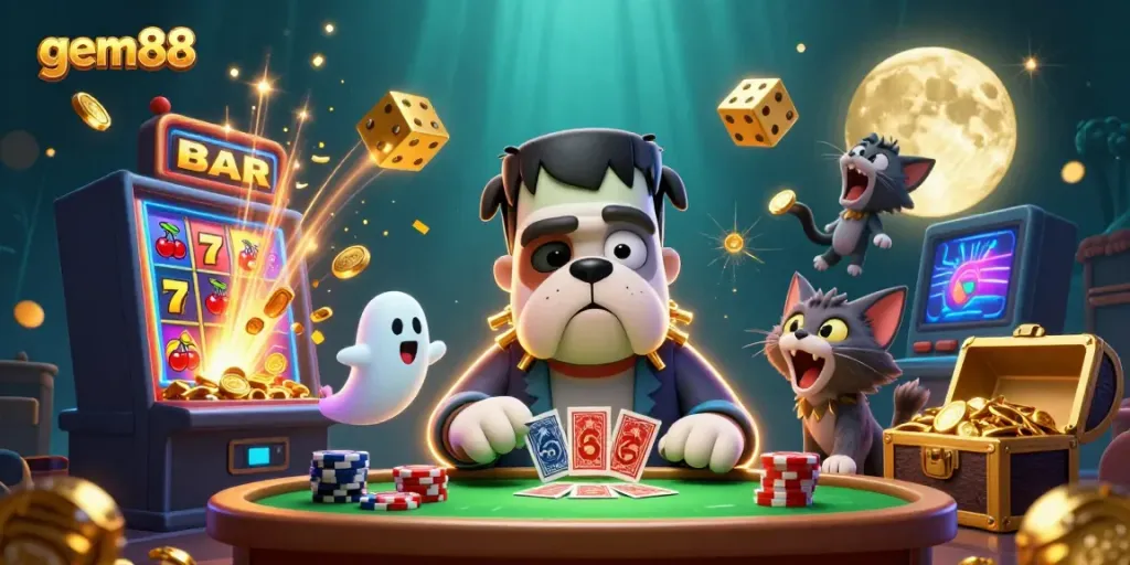 Experience thrilling card plays at gem88 with engaging casino-themed characters and dynamic game elements.