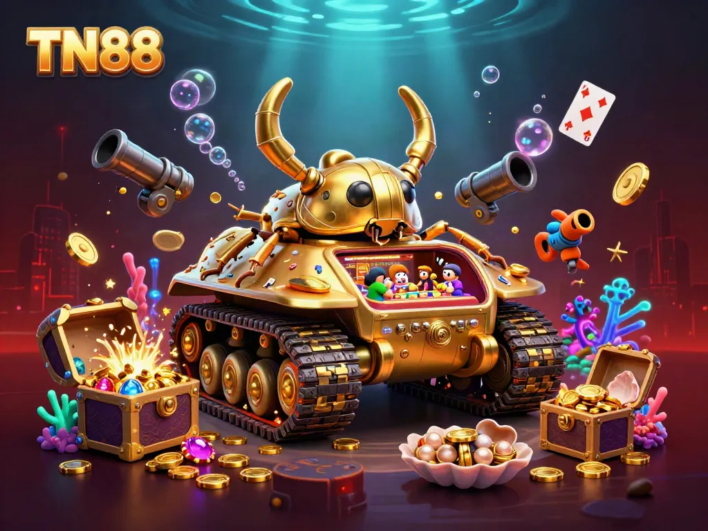 Engage in thrilling casino adventures with TN88 encapsulated in a vibrant underwater scene filled with gold treasures.