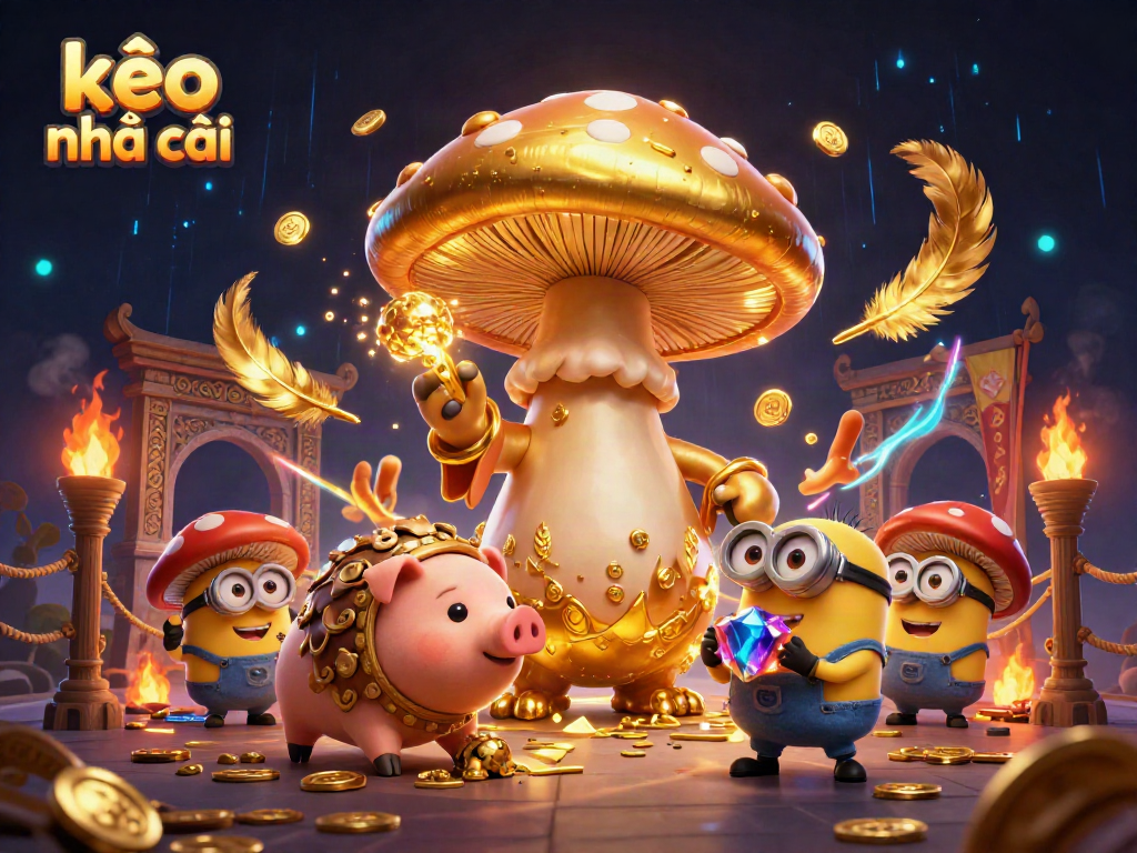 Engage with kèo nhà cái through a vibrant 3D magical scene featuring golden mushroom wizard, pig, and gemstone minions.