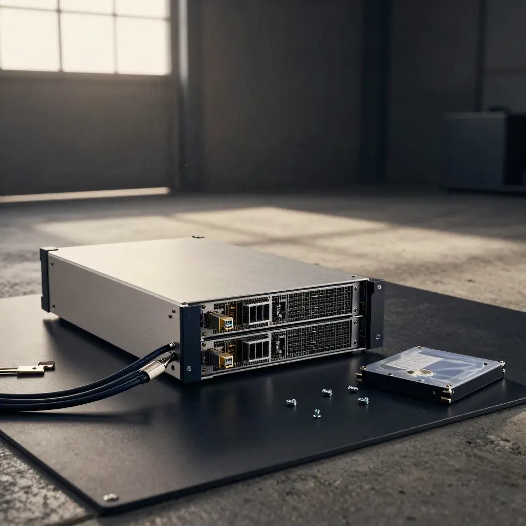 Rack server hardware with SSD trays, cables and backup drive on a dark studio surface.