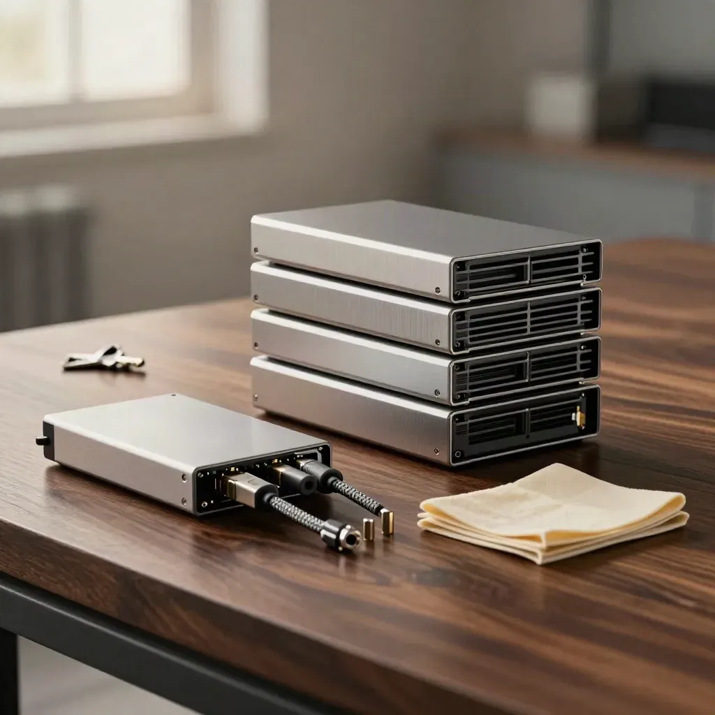 Three server modules, backup drive, and migration tools on dark stone with dramatic light.