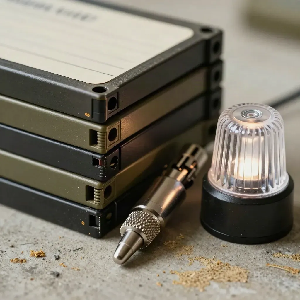 Macro still life of tape cartridges, a monitoring probe, and an unlit alarm beacon on concrete.