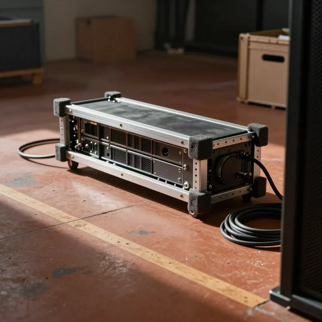 Server sled half pulled from foam in an open crate, lit dramatically in a quiet packing bay.
